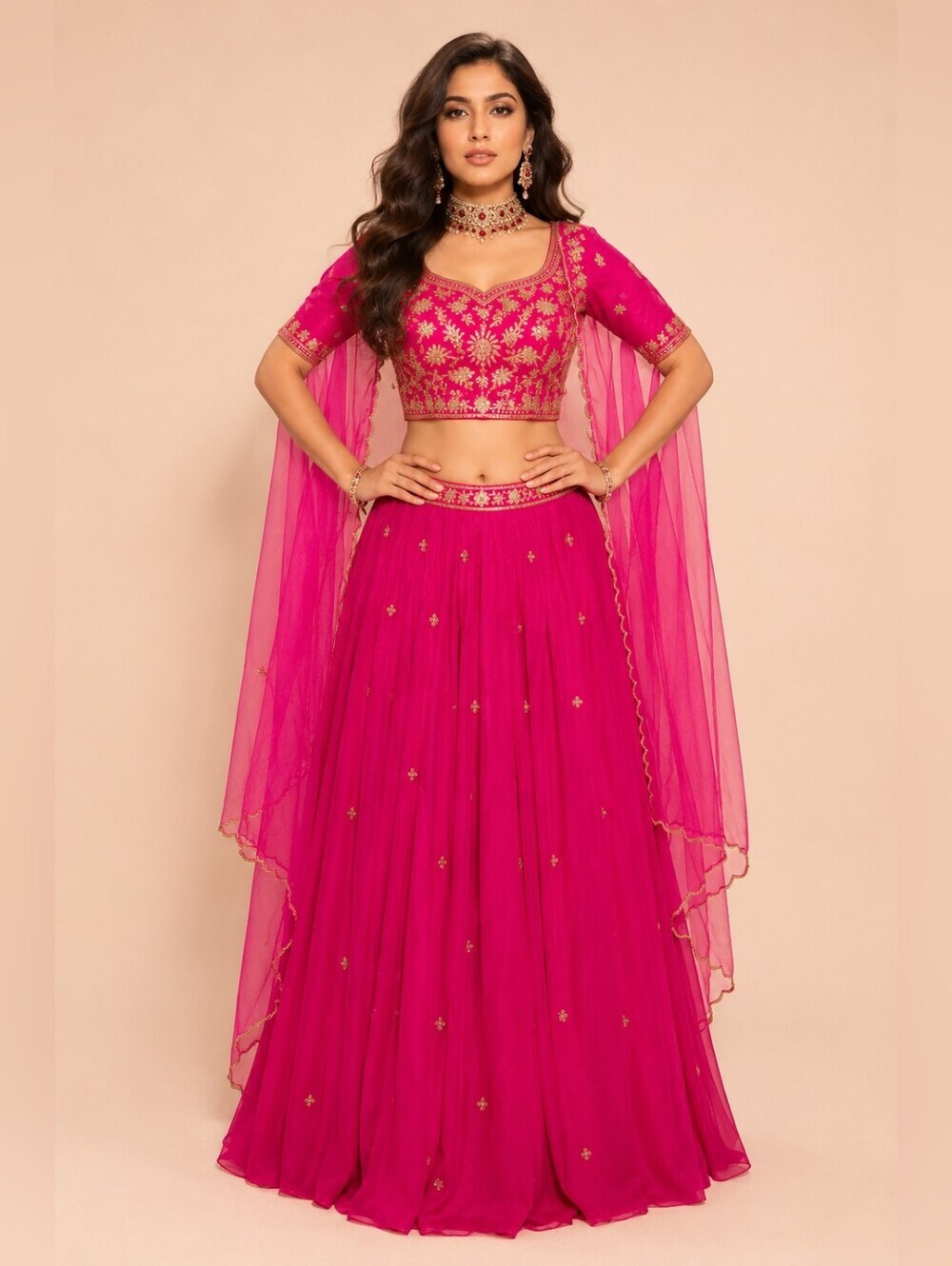 Embroidered Chinon Chiffon in Fuchsia/Pink Lehenga Choli